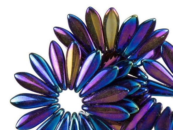 CzechMates Glass 16 x 5mm Blue Iris Two-Hole Dagger Bead (50pc Strand)