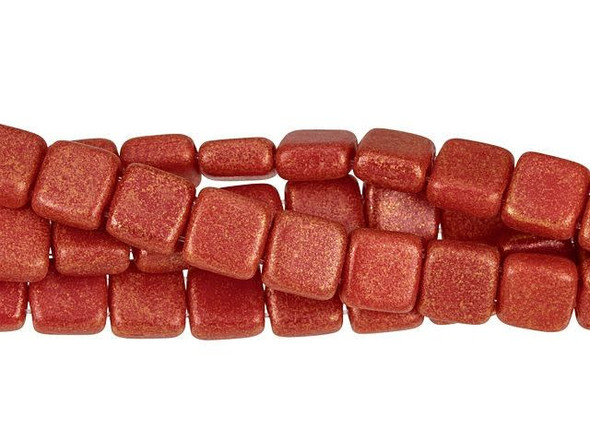 CzechMates Glass 6mm Red Antique Shimmer Two-Hole Tile Bead Strand