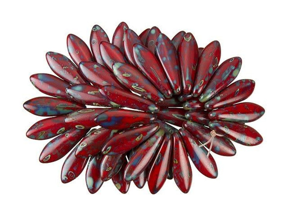 CzechMates Glass 16 x 5mm Opaque Red Picasso Two-Hole Dagger Bead (50pc Strand)
