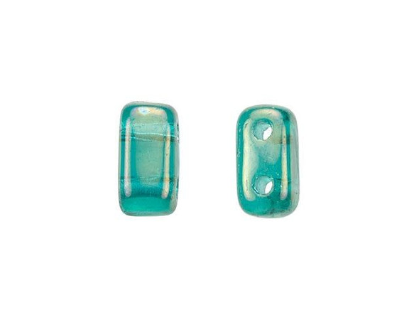 Create magical style with the CzechMates glass 3x6mm Atlantis blue Iris luster 2-hole brick beads. These small, rectangular beads feature two stringing holes, allowing you to add them to multi-strand designs. They look great between strands of seed beads and other two-hole beads. Add these beads to seed bead embroidery projects for added fun. They feature teal blue color with a golden gleam. They would make a colorful complement to any of our other beads. 