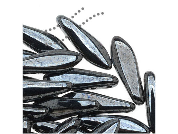 Bring metallic beauty to your designs with the CzechMates glass 16 x 5mm hematite two-hole dagger beads. These beads feature a dagger shape with two stringing holes at the top of the bead. They can dangle from designs or stand out in seed bead embroidery. The two stringing holes even allow you to add them to multi-strand looks. You will have even more design possibilities when you use these beads in your projects. These beads display a dark metallic silver color that gleams from every angle. 