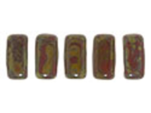 Put daring color into your designs with the CzechMates glass umber with Picasso 2-hole brick beads. These small, rectangular beads feature two stringing holes, allowing you to add them to multi-strand designs. They look great between strands of seed beads and also work well with SuperDuo beads. Add these beads to seed bead embroidery projects for added fun. These beads feature dark moss green color with splatters of red color. 