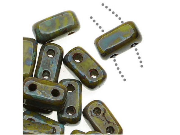 CzechMates Glass 2-Hole Rectangle Brick Beads 6x3mm - Opaque Olive Picasso