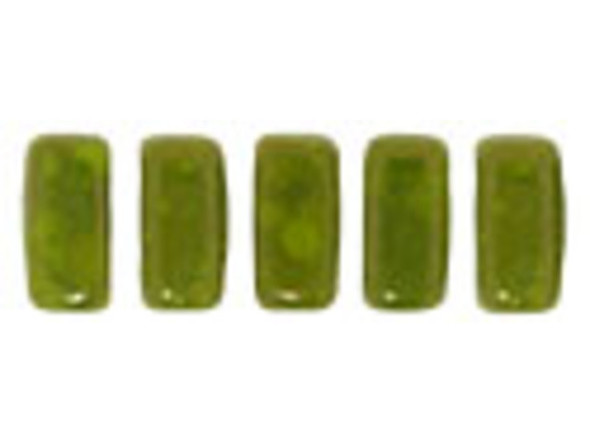 Earthy elegance abounds in the CzechMates glass 3x6mm opaque olive moon dust 2-hole brick beads. These small, rectangular beads feature two stringing holes, allowing you to add them to multi-strand designs. They look great between strands of seed beads and other two-hole beads. Add these beads to seed bead embroidery projects for added fun. These beads display mottled olive green color with a subtle bronze sheen. 