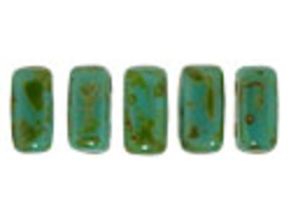 Earthy color comes alive in the CzechMates glass 3x6mm Persian turquoise Picasso 2-hole brick beads. These small, rectangular beads feature two stringing holes, allowing you to add them to multi-strand designs. They look great between strands of seed beads and other two-hole beads. Add these beads to seed bead embroidery projects for added fun. They feature turquoise green color with hints of mottled brown. They would make a colorful complement to any of our other beads. 