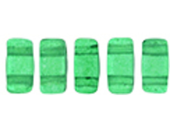Whether creating stringing projects, bead embroidery, or something else, you'll love these CzechMates Brick Beads. These small, rectangular beads feature two stringing holes, allowing you to add them to multi-strand designs. They look great between strands of seed beads and other two-hole beads. Add these beads to seed bead embroidery projects for added fun. They make a wonderful complement to other CzechMates beads. They feature a rich emerald green color with a mottled transparent appearance. 