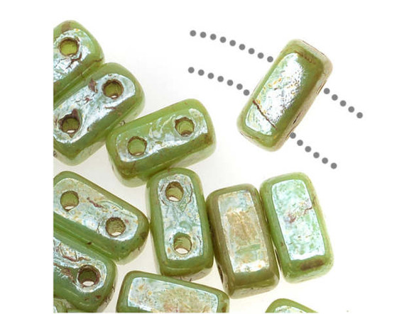 CzechMates Glass 2-Hole Rectangle Brick Beads 6x3mm - Honeydew Luster Picasso