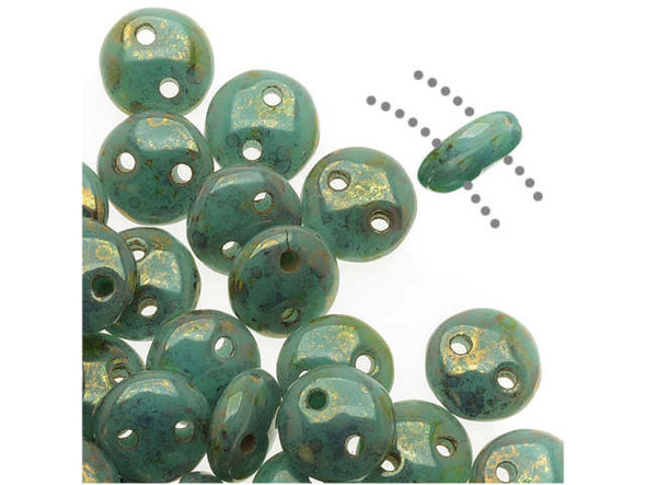 Bring a unique element to your jewelry designs with these CzechMates Lentil beads. These beads feature a puffed disc or lentil shape with two stringing holes. It's a great option for bead weaving, stringing and embroidery. These pressed Czech glass beads are softly rounded, so they won't cut your thread. They are sure to add stability, definition and shape to designs. These beads feature a turquoise blue color with a dark gold Picasso finish. 