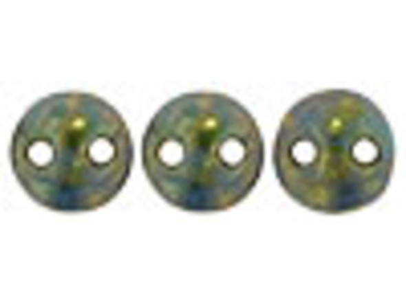 Bring a unique element to your jewelry designs with these CzechMates Lentil beads. These beads feature a puffed disc or lentil shape with two stringing holes. It's a great option for bead weaving, stringing and embroidery. These pressed Czech glass beads are softly rounded, so they won't cut your thread. They are sure to add stability, definition and shape to designs. These beads feature a turquoise blue color with a dark gold Picasso finish. 
