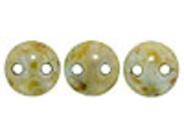 Let earthy color enrich your designs with the CzechMates glass 6mm two-hole lentil bead strand in opaque green luster. These beads feature a puffed disc shape with two stringing holes. It's a great option for bead weaving, stringing and embroidery. These pressed Czech glass beads are softly rounded, so they won't cut your thread. They are sure to add stability, definition and shape to designs. These beads feature a sage green color with a mottled bronze shimmer. 