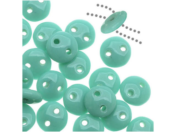 You can create cool, colorful designs with the CzechMates glass 6mm two-hole lentil bead strand in turquoise. These beads feature a puffed disc shape with two stringing holes. It's a great option for bead weaving, stringing and embroidery. These pressed Czech glass beads are softly rounded, so they won't cut your thread. They are sure to add stability, definition and shape to designs. These beads feature a turquoise blue color with hints of green undertones. 