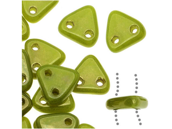 Colors of nature make a beautiful presentation in these CzechMates glass 6mm chartreuse silversheen two-hole triangle beads. These small Czech glass beads are triangular in shape and feature two stringing holes on one side. The stringing holes will allow you to add these beads to multi-strand designs or innovative seed bead embroidery designs. You'll love the dimension these beads bring to designs. They feature an earthy blend of light green color with a subtle golden shine. 