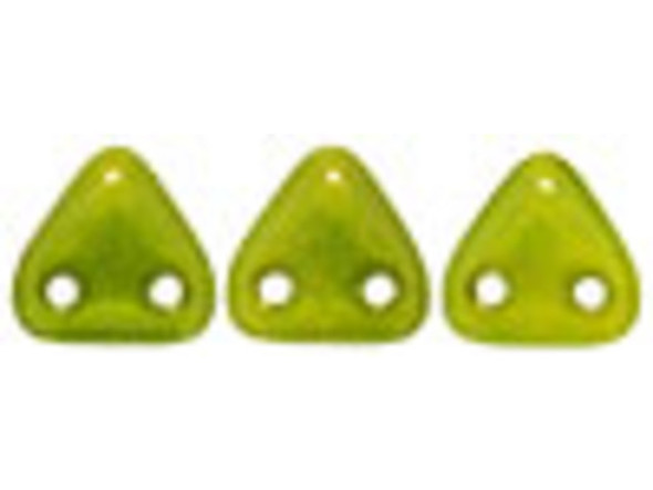 Colors of nature make a beautiful presentation in these CzechMates glass 6mm chartreuse silversheen two-hole triangle beads. These small Czech glass beads are triangular in shape and feature two stringing holes on one side. The stringing holes will allow you to add these beads to multi-strand designs or innovative seed bead embroidery designs. You'll love the dimension these beads bring to designs. They feature an earthy blend of light green color with a subtle golden shine. 