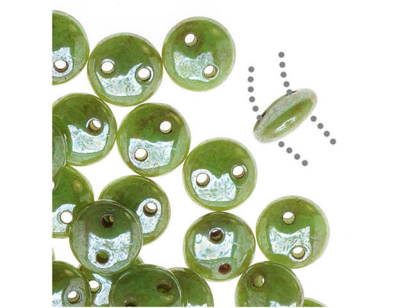 CzechMates Glass 2-Hole Round Flat Lentil Beads 6mm - Honeydew Luster Picasso