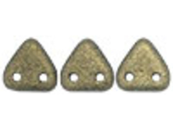 Put contemporary style into projects with the CzechMates glass 6mm metallic gold suede two-hole triangle beads. These small Czech glass beads are triangular in shape and feature two stringing holes on one side. The stringing holes will allow you to add these beads to multi-strand designs or innovative seed bead embroidery designs. You'll love the dimension these beads bring to designs. They feature dark gold color with a matte metallic sheen. Each pack includes approximately 50 beads. 