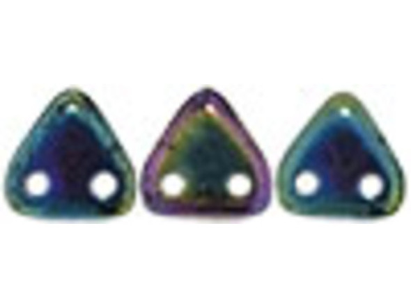 For a shining display of style, try the CzechMates glass 6mm green Iris two-hole triangle beads. These small Czech glass beads are triangular in shape and feature two stringing holes on one side. The stringing holes will allow you to add these beads to multi-strand designs or innovative seed bead embroidery designs. You'll love the dimension these beads bring to designs. These beads feature a shining iridescence in green, purple and blue. 