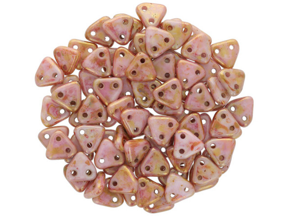 Showcase the warm color of these CzechMates glass 6mm two-hole triangle beads in your designs. These small Czech glass beads are triangular in shape and feature two stringing holes on one side. The stringing holes will allow you to add these beads to multi-strand designs or innovative seed bead embroidery designs. You'll love the dimension these beads bring to designs. They feature rose pink color with sparkling gold topaz accents. 