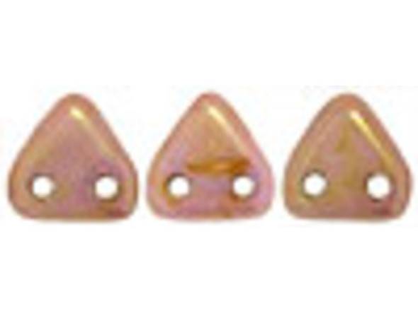 Showcase the warm color of these CzechMates glass 6mm two-hole triangle beads in your designs. These small Czech glass beads are triangular in shape and feature two stringing holes on one side. The stringing holes will allow you to add these beads to multi-strand designs or innovative seed bead embroidery designs. You'll love the dimension these beads bring to designs. They feature rose pink color with sparkling gold topaz accents. 