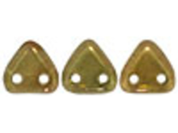 Bring elegant shine and unique shape to your designs with the CzechMates glass 6mm olivine patina two-hole triangle bead pack. These small Czech glass beads are triangular in shape and feature two stringing holes on one side. The stringing holes will allow you to add these beads to multi-strand designs or innovative seed bead embroidery designs. You'll love the dimension these beads bring to designs. These beads feature an olive green color with a golden gleam. 