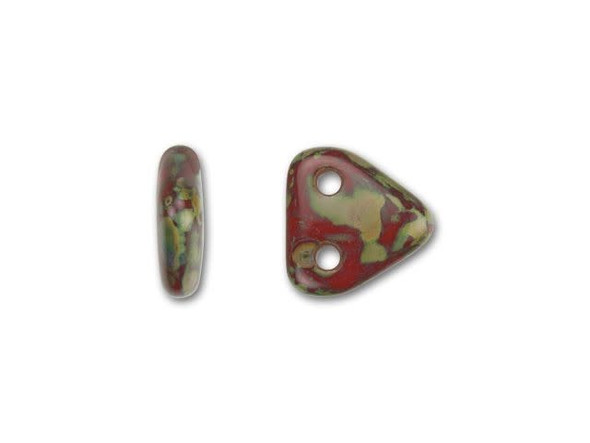 Add an earthy vibe to your designs with the CzechMates glass 6mm opaque red Picasso two-hole triangle beads. These small Czech glass beads are triangular in shape and feature two stringing holes on one side. The stringing holes will allow you to add these beads to multi-strand designs or innovative seed bead embroidery designs. You'll love the dimension these beads bring to designs. These beads feature a dark red color with a mottled brown Picasso finish. 
