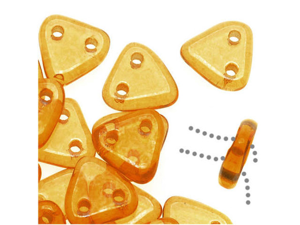 Enrich designs with warm color using the CzechMates glass 6mm topaz champagne luster two-hole triangle bead pack. These small Czech glass beads are triangular in shape and feature two stringing holes on one side. The stringing holes will allow you to add these beads to multi-strand designs or innovative seed bead embroidery designs. You'll love the dimension these beads bring to designs. These beads feature a golden champagne color with a bright shine. 