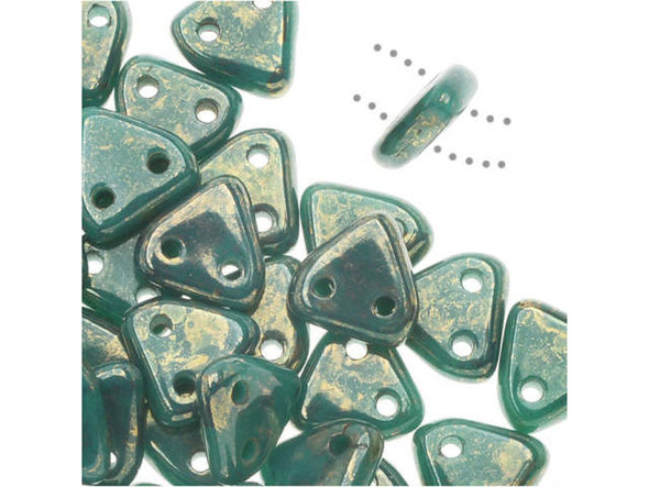 Sophisticated colors take center stage in the CzechMates glass 6mm Persian turquoise with bronze Picasso two-hole triangle beads. These small Czech glass beads are triangular in shape and feature two stringing holes on one side. The stringing holes will allow you to add these beads to multi-strand designs or innovative seed bead embroidery designs. You'll love the dimension these beads bring to designs. They feature a dark turquoise green color with a mottled finish in shining gold. Each pack includes approximately 50 beads. 