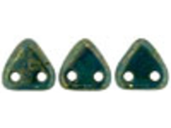 Sophisticated colors take center stage in the CzechMates glass 6mm Persian turquoise with bronze Picasso two-hole triangle beads. These small Czech glass beads are triangular in shape and feature two stringing holes on one side. The stringing holes will allow you to add these beads to multi-strand designs or innovative seed bead embroidery designs. You'll love the dimension these beads bring to designs. They feature a dark turquoise green color with a mottled finish in shining gold. Each pack includes approximately 50 beads. 