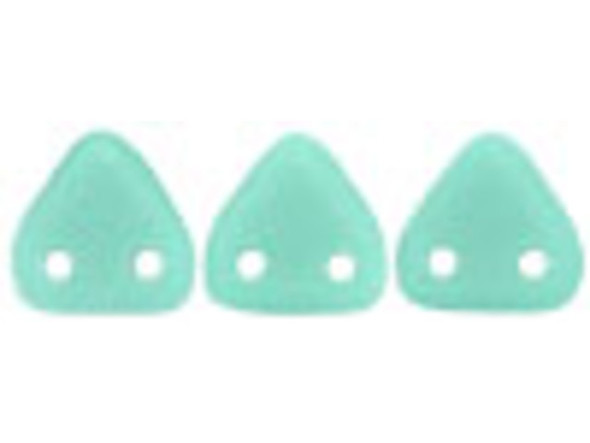 Soft color creates refreshing style in the CzechMates glass 6mm matte turquoise two-hole triangle beads. These small Czech glass beads are triangular in shape and feature two stringing holes on one side. The stringing holes will allow you to add these beads to multi-strand designs or innovative seed bead embroidery designs. You'll love the dimension these beads bring to designs. They feature an opaque turquoise blue color with a soft matte finish. Each pack includes approximately 50 beads. 