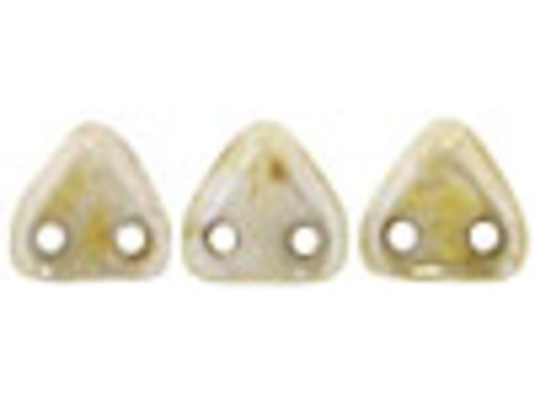 Add an earthy vibe to designs with the CzechMates glass 6mm opaque luster with Picasso two-hole triangle beads. These small Czech glass beads are triangular in shape and feature two stringing holes on one side. The stringing holes will allow you to add these beads to multi-strand designs or innovative seed bead embroidery designs. You'll love the dimension these beads bring to designs. They feature ivory color with a mottled beige finish and a bright shine. 