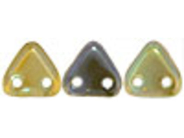 Let your designs stand out with interesting shape using the CzechMates glass 6mm aquamarine celsian two-hole triangle bead pack. These small Czech glass beads are triangular in shape and feature two stringing holes on one side. The stringing holes will allow you to add these beads to multi-strand designs or innovative seed bead embroidery designs. You'll love the dimension these beads bring to designs. These beads display a blue-green color with a golden gleam. 