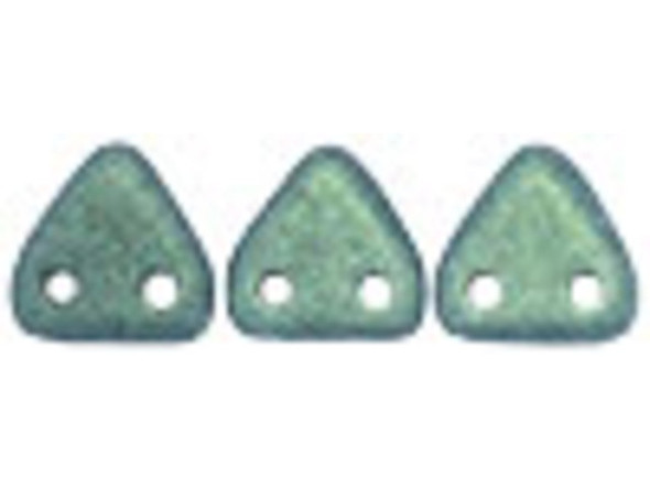 Display striking style in your designs with the CzechMates glass 6mm metallic light green suede two-hole triangle beads. These small Czech glass beads are triangular in shape and feature two stringing holes on one side. The stringing holes will allow you to add these beads to multi-strand designs or innovative seed bead embroidery designs. You'll love the dimension these beads bring to designs. These beads feature metallic moss green color with a matte-like sheen. 