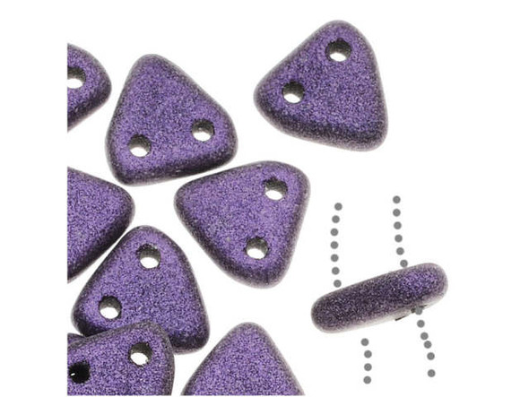 You can create completely unique looks with the CzechMates glass 6mm metallic purple suede two-hole triangle beads. These small Czech glass beads are triangular in shape and feature two stringing holes on one side. The stringing holes will allow you to add these beads to multi-strand designs or innovative seed bead embroidery designs. You'll love the dimension these beads bring to designs. They display purple color with a matte metallic shine. 