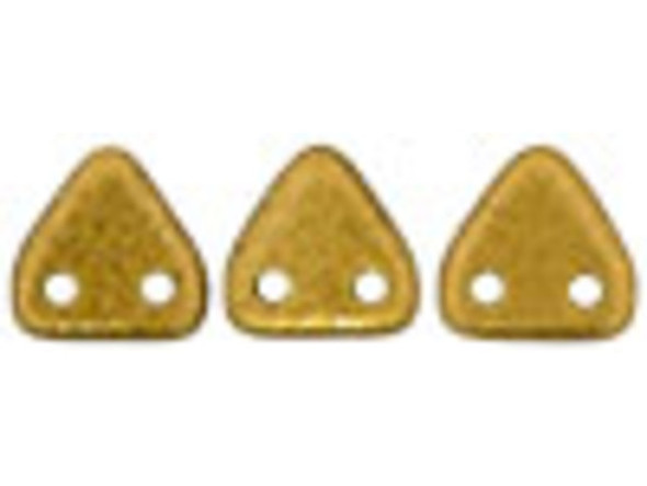 Enhance your style with the shining color of these CzechMates glass 6mm metallic matte goldenrod two-hole triangle beads. These small Czech glass beads are triangular in shape and feature two stringing holes on one side. The stringing holes will allow you to add these beads to multi-strand designs or innovative seed bead embroidery designs. You'll love the dimension these beads bring to designs. They feature a rich golden bronze color with a matte-like finish. 