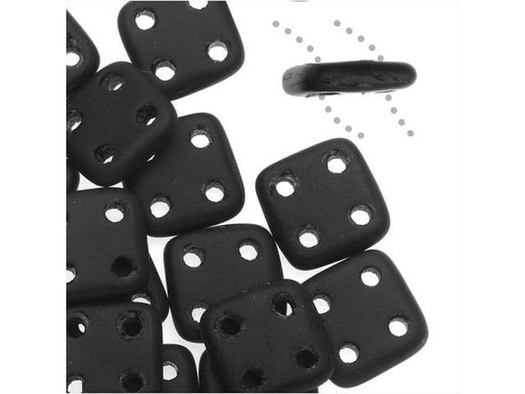 CzechMates Glass, QuadraTile 4-Hole Square Beads 6mm, Matte Jet Black