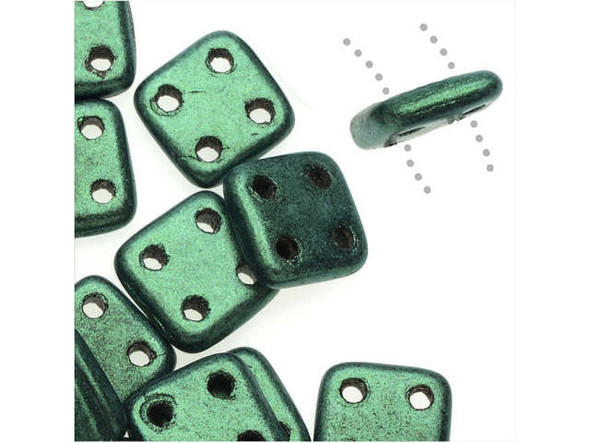 CzechMates Glass, QuadraTile 4-Hole Square Beads 6mm, Metallic Light Green Suede