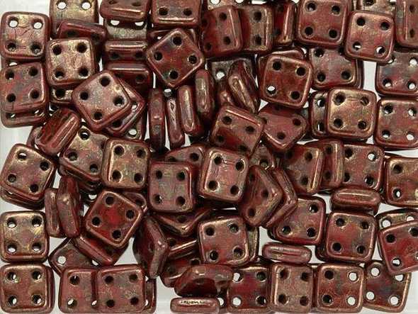 CzechMates Glass 6mm 4-Hole Opaque Red Bronze Picasso QuadraTile Bead 2.5-Inch Tube