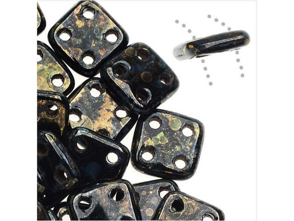 CzechMates Glass, QuadraTile 4-Hole Square Beads 6mm, Jet Bronze Picasso