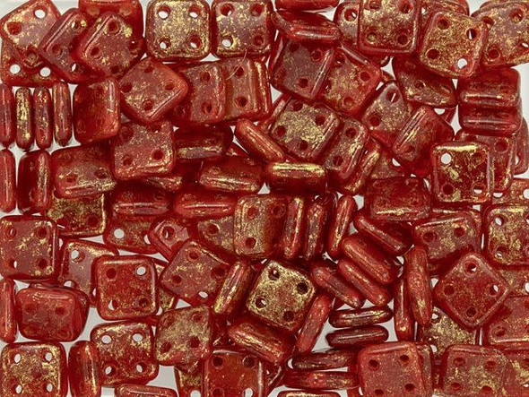 CzechMates Glass 6mm 4-Hole Gold Marbled Oxblood QuadraTile Bead 2.5-Inch Tube