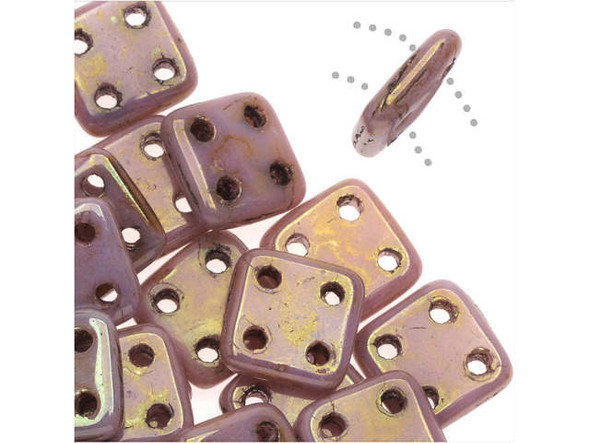 CzechMates Glass, QuadraTile 4-Hole Square Beads 6mm, Opaque Rose / Gold Topaz Luster