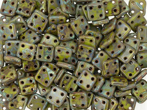 CzechMates Glass 6mm 4-Hole Opaque Olive Picasso QuadraTile Bead 2.5-Inch Tube