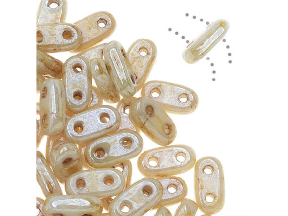 Creamy style fills the CzechMates glass 3x6mm 2-hole opaque Picasso luster bar beads. These flat, oval bar-shaped beads feature two stringing holes running through it. It's the perfect match for CzechMates QuadraTile beads. Stack and layer them in designs, add them to multi-strand projects, use them in bead embroidery and more. There are so many possibilities for these little beads. They feature ivory color with hints of mottled brown and a lustrous shine. 