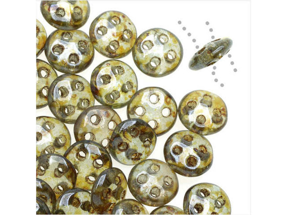 CzechMates Glass, 4-Hole QuadraLentil Beads 6mm, Transparent Green Luster