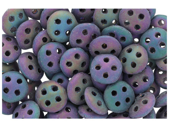 Unique style comes alive in the CzechMates glass 6mm four-hole matte Iris purple QuadraLentil beads. These beads feature a disc shape with a slightly puffed dimension. Each bead features four stringing holes for endless design possibilities. Use them in bead weaving, multi-strand stringing projects, or try them as links. These beads truly allow you to get creative when designing jewelry. They feature an oxidized look filled with purple, green and blue colors. 