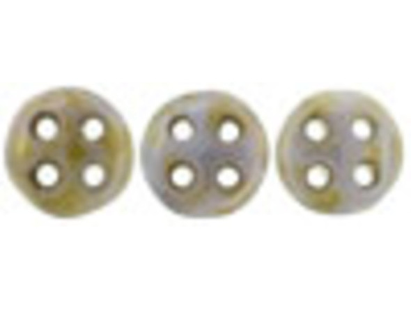 Enhance designs with the style of the CzechMates glass 6mm four-hole opaque green luster QuadraLentil beads. These beads feature a disc shape with a slightly puffed dimension. Each bead features four stringing holes for endless design possibilities. Use them in bead weaving, multi-strand stringing projects, or try them as links. These beads truly allow you to get creative when designing jewelry. They feature an earthy blend of green, cream, brown and pink colors. Length 5mm