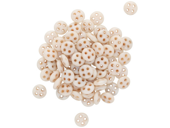 Create an elegant look in designs with the CzechMates glass 6mm four-hole opaque champagne luster QuadraLentil beads. These beads feature a disc shape with a slightly puffed dimension. Each bead features four stringing holes for endless design possibilities. Use them in bead weaving, multi-strand stringing projects, or try them as links. These beads truly allow you to get creative when designing jewelry. They feature a creamy ivory color. Length 5mm