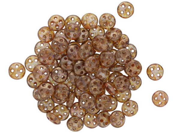 CzechMates Glass, 4-Hole QuadraLentil Beads 6mm, Transparent Gold / Smokey Topaz Luster