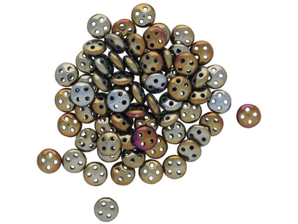 For a modern look in your designs, try the CzechMates glass 6mm four-hole Iris brown QuadraLentil beads. These beads feature a disc shape with a slightly puffed dimension. Each bead features four stringing holes for endless design possibilities. Use them in bead weaving, multi-strand stringing projects, or try them as links. These beads truly allow you to get creative when designing jewelry. They feature metallic golden gray color with hints of purple around the edges. Diameter 6mm