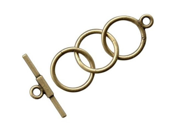   These bar and ring sets can be clasped with one hand making  them ideal for bracelets and watches.    Please note: The last few beads you put near the clasp should  be small, to make sure the bar will go all the way through  the ring (making the clasp easier to close).    Size listed is outside diameter of the ring (excluding its  loop) and the length of the bar. Price is per set, rather than per  piece.      Toggle Clasps and Bracelets    It's true! Toggles can be clasped with one hand, so they are good  for bracelets, including watch bracelets. Here's a hint to help  make sure no one loses one of your creations: When using toggle  clasps for bracelets, the bracelet must fit the customer fairly  well. If the bracelet is too loose, a short toggle bar might wiggle  itself out of its loop. Longer bars can help solve the  problem, but won't eliminate it. To size your bracelets to your  customers' wrists you might want to use a few chain links at the  end, between the clasp and the last beads. Then you can remove or  add links at the time of sale. Or if you really have a good thing  going, make 6.5", 7", and 8" versions of your best-selling patterns  and colors of bracelets.  See Related Products links (below) for similar items and additional jewelry-making supplies that are often used with this item.