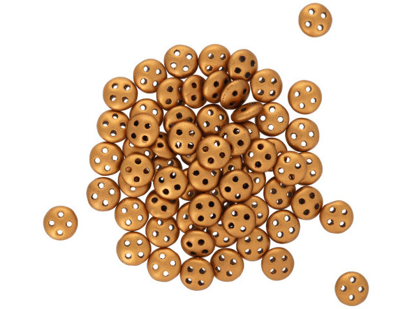 Regal style can be yours with the CzechMates glass 6mm four-hole matte metallic antique gold QuadraLentil beads. These beads feature a disc shape with a slightly puffed dimension. Each bead features four stringing holes for endless design possibilities. Use them in bead weaving, multi-strand stringing projects, or try them as links. These beads truly allow you to get creative when designing jewelry. They feature rich golden color with a matte metallic sheen. Diameter 6mm