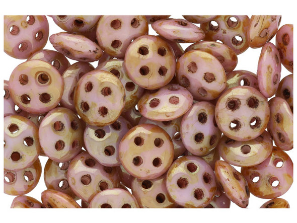 CzechMates Glass, 4-Hole QuadraLentil Beads 6mm, Opaque Rose / Gold Topaz Luster